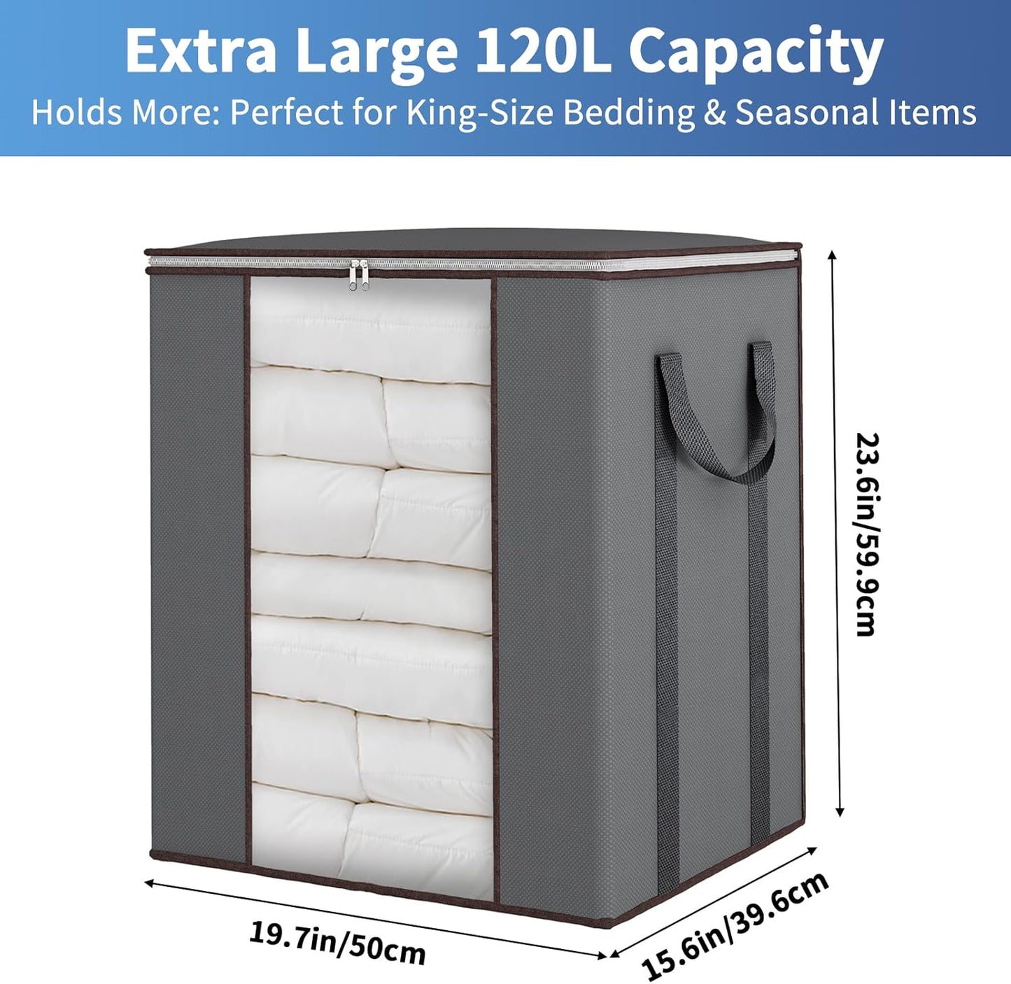 Fixwal Extra Large Blanket Storage Bags 120L Comforter Storage Bags with Reinforced Handles Breathable Clothes Storage Containers for King Comforter Bedding Pillow Sheet Grey