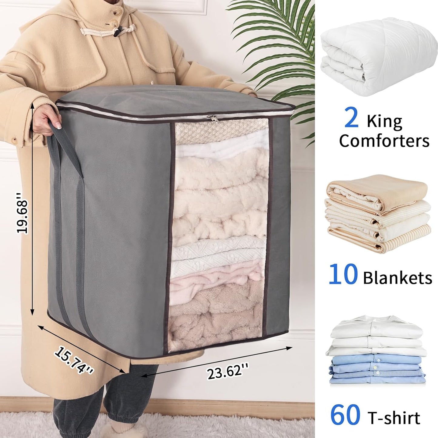 Fixwal Extra Large Blanket Storage Bags 120L Comforter Storage Bags with Reinforced Handles Breathable Clothes Storage Containers for King Comforter Bedding Pillow Sheet Grey