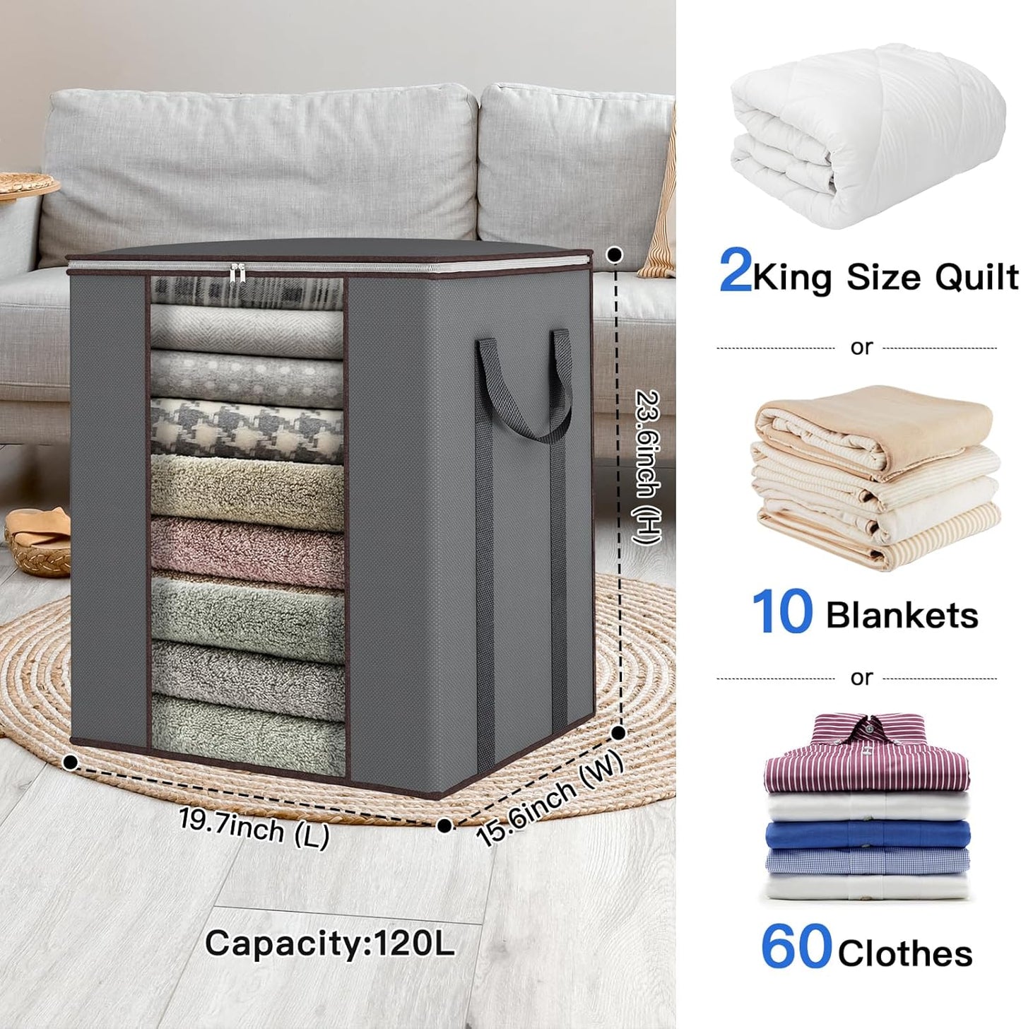 Fixwal Extra Large Blanket Storage Bags 120L Comforter Storage Bags with Reinforced Handles Breathable Clothes Storage Containers for King Comforter Bedding Pillow Sheet Grey