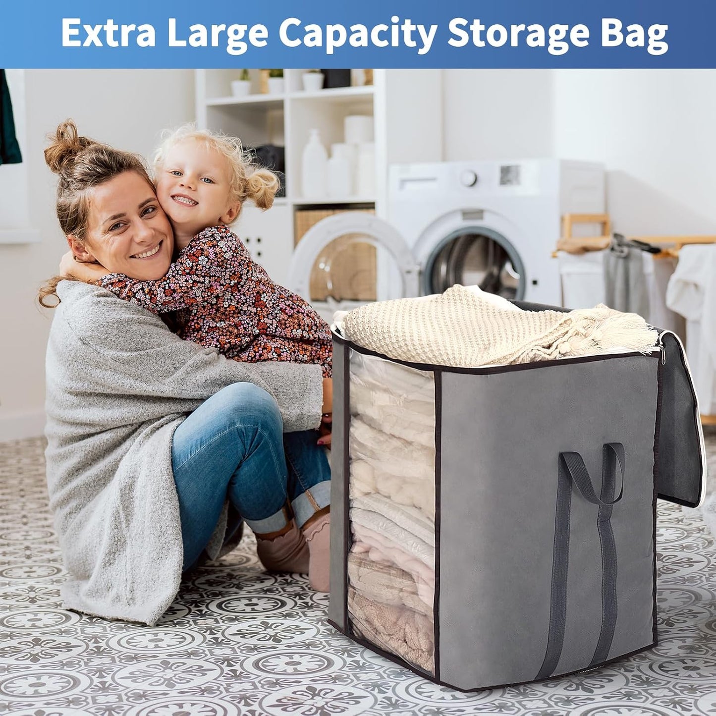 Fixwal Extra Large Blanket Storage Bags 120L Comforter Storage Bags with Reinforced Handles Breathable Clothes Storage Containers for King Comforter Bedding Pillow Sheet Grey