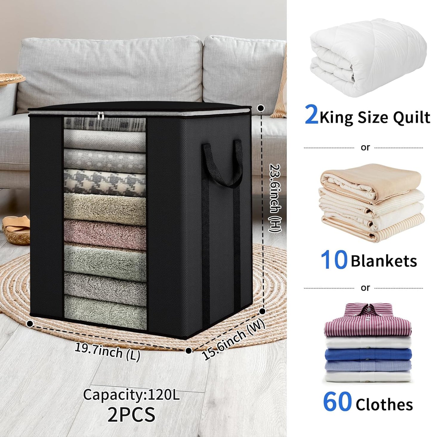 Fixwal Extra Large Blanket Storage Bags 120L Comforter Storage Bags with Reinforced Handles Breathable Clothes Storage Containers for King Comforter Bedding Pillow Sheet Grey